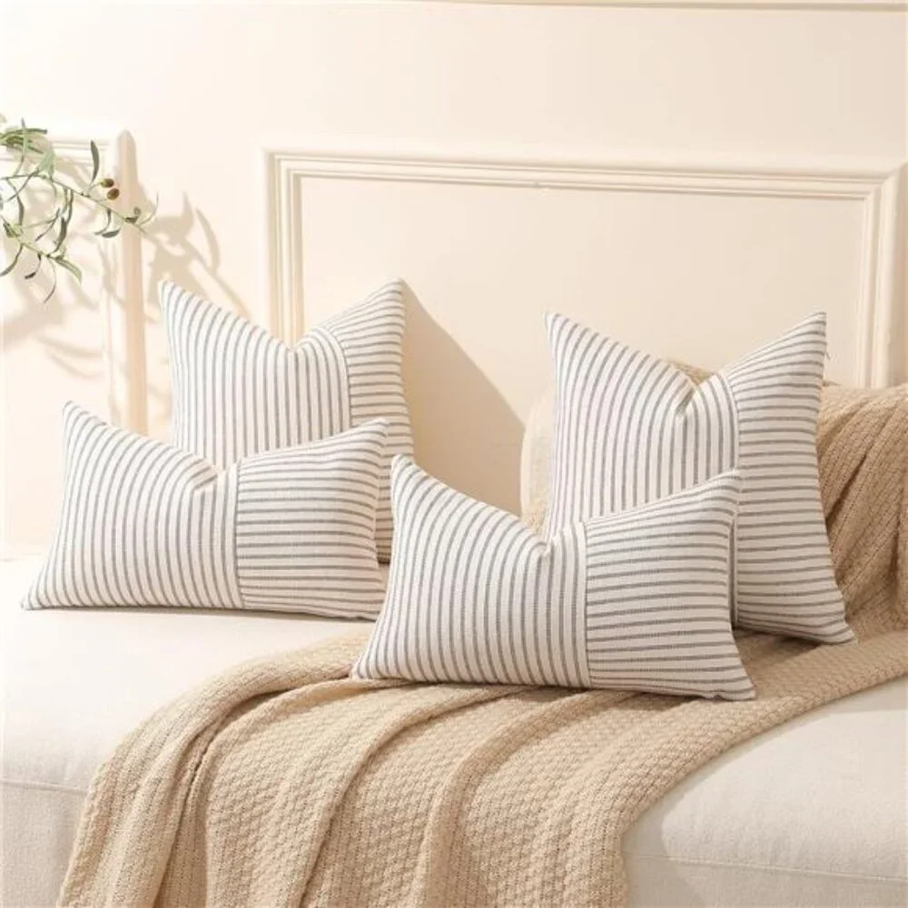 Set of 2 Farmhouse Throw Pillow Covers 18 x 18 Striped Linen Decorative